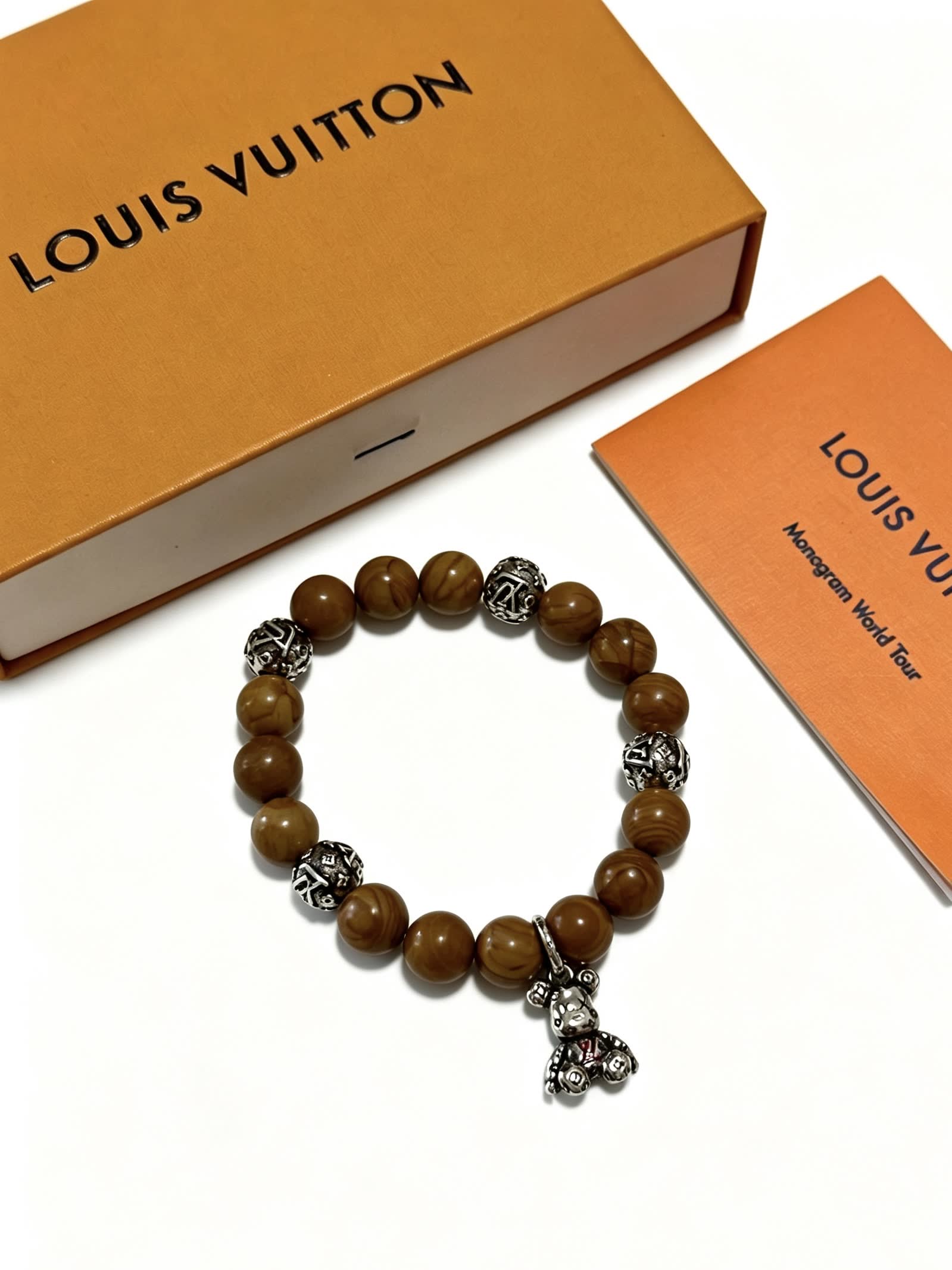 Louis Vuitton Brown Beaded Bracelet with Silver Accents